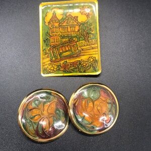 Vintage Pierced Earrings & Powell Hyde Trolley Car Pendant Label Pin Brooch